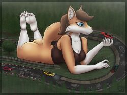 4:3 5_fingers 5_toes absurd_res anthro ass bottomless bottomless_anthro bottomless_female breasts canid canine car cleavage clothed clothing digital_media_(artwork) drawing feet feet_up female fingers forest fox fur hair hi_res holding_car holding_object holding_vehicle huge_filesize humanoid_feet lumi_kivinen_(wu_capy) macro mammal nude nurburgring outside plant plantigrade race_track shirt smile soles solo tail tank_top text toes topwear tree vehicle wu_capy