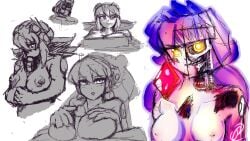 aegisafterdark alia alia_(mega_man) blowjob blush blush_lines breasts emotionless_female fellatio giroofficial glowing_eyes gradient_hair highres looking_at_viewer mala_(giroofficial) mega_man mega_man_x mega_man_x_dive nana_(mega_man) oc original_character paizuri sketch_page titjob