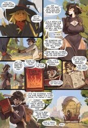 anthro biped black_hair black_legwear black_thighhighs blue_eyes bonifasko book breasts clothed clothing comic deer detailed_background dialogue duo english_text eyelashes facial_piercing female hair hi_res legs_together mammal nose_piercing nose_ring open_mouth outside piercing plant pupils ring_piercing text thick_thighs thighhighs tree wide_hips