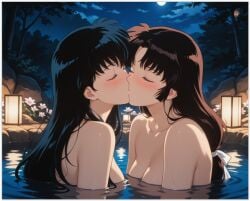 2girls ai_generated arm_at_side arms_at_sides bangs bath bathing black_hair blush breasts brown_hair cleavage closed_eyes cloud collarbone couple dark_brown_hair duo female/female female_only flower forest friends full_moon guloyu84 hair_between_eyes hair_ribbon higurashi_kagome inuyasha kagome_higurashi kissing lamp long_hair love low-tied_long_hair medium_breasts miroku1867 moon multiple_girls mutual_yuri nature neck night night_sky nude nude_female onsen outdoor_nudity outside parted_bangs partially_submerged pink_flower reflection ribbon rock romantic romantic_couple same-sex_bathing sango sideboob sky small_breasts star starry_sky straight_hair tied_hair tree upper_body water wet wet_body wet_hair white_ribbon yuri