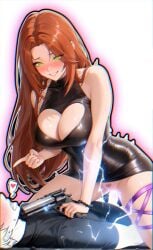 1boy 1girls ai_assisted ai_generated black_dress bodycon_dress brown_hair destiny_(game) destiny_2 female_focus green_eyes hawkmoon_(destiny) heart-shaped_cutout indie_virtual_youtuber melonprime minidress parted_bangs penetration picsart pussy self_upload sex sleeveless_dress straddling suggestive_clothing thigh_straps thighs threatening_with_weapon upskirt vaginal_penetration zavalr