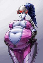 1girls angry bbw big_breasts blizzard_entertainment blue_hair blue_skin cleavage female huge_belly hyper_belly latex_suit lipstick navel obese overwatch tagme thick_thighs thickerwasp tight_clothing weight_gain widowmaker yellow_eyes