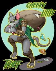 anthro armor bag_over_shoulder balls bandage bandaged_tail bodily_fluids boots bottomwear claws clothing dripping duo english_text footwear foreskin fur genital_fluids genitals glans grey_body grey_fur hi_res humanoid_genitalia humanoid_penis league_of_legends loincloth looking_at_viewer male male/male mammal mischievous mischievous_smile murid murine musk notched_ear penis precum precum_drip rat rat_tail riot_games rodent rucho shoes smile sneaking sniffing sniffing_clothes tail tail_wraps teeth tencent text twitch_(lol) underwear underwear_sniffing wraps yellow_teeth