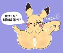 after_sex artist_logo artist_name black_nose blush blush_face bodily_fluids colored cum cum_in_vagina cum_inside english_text female female_feral feral fur generation_1_pokemon genital_fluids genitals hand_on_belly heart_symbol logo lying nintendo on_back open_mouth paws pikachu pokemon pokemon_(species) purple_background sexy_eyes shortstack simple_background solo sparkles speech_bubble spiral spiral_eyes spread_legs spreading teeth text toastedtanuki tongue vulva yellow_body yellow_fur