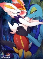 absurd_res anthro anthro_on_anthro breast_lick breast_play breasts cinderace duo facing_each_other female generation_8_pokemon hi_res inteleon lagomorph licking male male/female mammal nintendo pokemon pokemon_(species) prrrrrrmine reptile scalie sex tongue