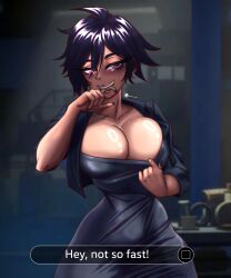1girls abs ai_generated artist_name biting_finger breasts cleavage closed_eyes completely_nude dark-skinned_female dark_skin dispatch_(game) dress english_text female hi_res indoors invisigal large_breasts looking_at_viewer night purple_hair rain short_hair solo standing straight window yaki_chun