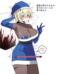absurdres aqua_eyes areola_slip arm_up blonde_hair blue_dress blue_gloves blue_hat blush bodysuit breasts choker christmas cleavage collarbone colored_eyelashes commentary_request cum dress elbow_gloves elden_ring elden_ring_nightreign female fertilization fur-trimmed_dress fur_trim genderswap_(mtf) gloves hat heart heart_pasties highres holding holding_sack idzuki_kenkyu-in impregnation large_breasts ovum pasties rule_63 sack santa_costume santa_dress santa_hat scar scar_on_cheek scar_on_face scar_on_leg short_hair simple_background solo speech_bubble spoken_heart steaming_body stray_pubic_hair sweat translation_request v white_background wylder_(nightreign)