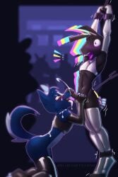 2:3 anal anal_sex anthro black_body blue_body bluecoffeedog bodily_fluids bondage bound canid canine canis cay_(toxoglossa) clothing cuff_(restraint) cum cum_in_mouth cum_inside cum_on_back cum_on_face dildo dildo_in_ass dildo_insertion domestic_dog duo egyptian_mythology exclamation_point genital_fluids hi_res latex latex_clothing liberty_(bluecoffeedog) male male/male mammal middle_eastern_mythology motion_lines mythology nightclub object_in_ass orange_eyes penetration raised_arms restrained_arms restraints set_(species) sex_toy sex_toy_in_ass sex_toy_insertion shaking_legs toy white_latex