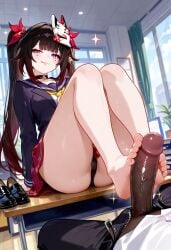 1girls ai_generated barefoot, big_butt footjob honkai:_star_rail huge_cock interracial seductive_smile sitting_on_table sparkle_(honkai:_star_rail) tongue