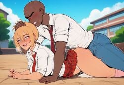 ai_generated avatar_the_last_airbender bimbo bimbofication blonde_hair cum dark-skinned_male drool makeup pleasure_face prone_bone school school_uniform schoolgirl sex sexy sexy_clothing sunny tan toph_bei_fong white_panties