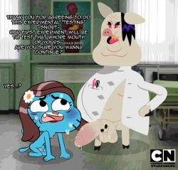 anthro ass balls big_balls big_penis blue_body blue_fur blush bodily_fluids cartoon_network clothed clothing coat crossdressing digital_media_(artwork) domestic_cat domestic_pig duo english_text erection felid feline felis femboy fur genital_fluids genitals gumball_watterson hair hi_res humanoid_genitalia humanoid_penis imminent_oral imminent_sex lab_coat male male/male mammal nipples nude open_mouth overweight penis precum smile suid suine sus_(pig) tail text the_amazing_world_of_gumball topwear twitchy_scientist vwhiskers young young_anthro