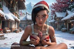 1boy 1boy1girl 1girls ai_generated armlet artist_name bell black_hair bra breasts breasts_squeezed_together brown_eyes choker christmas cleavage clothed_female_nude_male collarbone day disney disney_princess disney_villains earrings erection female gift hat hi_res holly jewelry looking_at_viewer medium_breasts namaari nose outdoors paizuri paizuri_under_clothes patreon_username penis pov precum progenarts raya_and_the_last_dragon santa_hat short_hair snow snowing solo_focus straight uncensored veins web_address