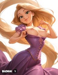 1girls ai_generated blemai blonde_hair breasts cute disney flashing_breasts green_eyes long_hair looking_at_viewer nipples nude princess purple_dress rapunzel rapunzel_(tangled) seductive sex sexy_pose tangled