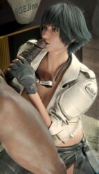 1boy1girl 1girl1boy 1girls 3d 3d_(artwork) 3d_render big_breasts black_hair black_male blender blender_(artwork) blender_(software) blender_cycles carpet clothed_female_nude_male dark-skinned_male dark_skin desk devil_may_cry devil_may_cry_(series) devil_may_cry_5 gloves goggles goggles_around_neck handjob hetero_sex heterochromia hi_res high_resolution highres imminent_fellatio imminent_oral imminent_sex indoor_masturbation indoors interracial jacket jacket_open kneeling lady_(devil_may_cry) large_penis light-skinned_female light_skin lips lips_on_penis midriff patreon_username sgejinx_(artist) short_hair shorts topless twitter_username very_dark_skin