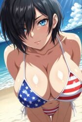 1female 1girls ai_generated american american_female american_flag_bikini american_flag_bikini_bottom american_flag_bikini_top american_flag_print anime anime_style beach beautiful beautiful_female bikini black_hair blue_eyes cleavage female female_focus female_only hair_over_eye hair_over_one_eye hi_res high_res high_resolution hires light-skinned_female light_skin looking_at_viewer one_eye_covered original original_character outdoors outside short_hair solo solo_female swimsuit tagme two_piece_swimsuit