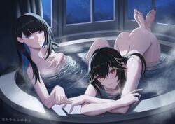 2girls ass bath bathing bathroom black_hair blue_hair blush breasts completely_nude feet female highres lucia_(punishing:_gray_raven) medium_breasts night punishing:_gray_raven purple_eyes red_eyes red_hair robot_girl selena_(punishing:_gray_raven) skaven_gongcheng_shushi soles toes water