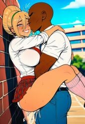 ai_generated avatar_the_last_airbender bimbo bimbofication blonde_hair cum dark-skinned_male enjoying happy hugging_partner kissed kissing_cheek legs_crossed makeup missionary_position passionate_sex pleasured school school_uniform schoolgirl sex sexy sexy_clothing standing_doggy_style standing_sex sunny tan tears toph_bei_fong