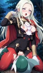 ai_generated breasts breasts_out cape clothed crossover cunnilingus edelgard_von_hresvelg facesitting female fire_emblem fire_emblem:_three_houses gallade garreg_mach_monastery_uniform gloves hair_ribbon licking_cum_from_pussy licking_pussy long_hair long_sleeves pantyhose pokemon pokemon_(species) purple_eyes pussy pussy_juice red_cape ribbon torn_clothes uniform white_hair