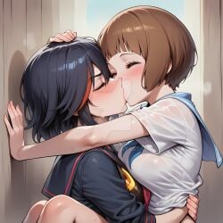 2girls against_wall ai_generated bangs bare_arms black_hair black_serafuku blunt_bangs blush bopitphy breast_press breasts brown_hair carrying closed_eyes couple day duo eyebrows_visible_through_hair female/female female_only friends hair_between_eyes hugging kill_la_kill kissing love mankanshoku_mako matoi_ryuuko medium_breasts multicolored_hair multiple_females multiple_girls mutual_yuri neck red_hair romantic romantic_couple school_uniform senketsu serafuku short_hair stepsibling stepsister stepsisters sweat sweating symmetrical_docking two-tone_hair upper_body white_serafuku window yuri