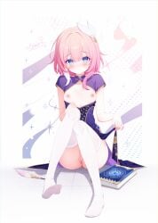 absurdres alternate_costume as_i've_written_(honkai:_star_rail) blue_eyes blush book breasts china_dress chinese_clothes chinese_commentary closed_mouth commentary_request cyrene_(honkai:_star_rail) cyrene_(philia093)_(honkai:_star_rail) dress female highres honkai:_star_rail honkai_(series) looking_at_viewer medium_hair multicolored_hair nipples no_panties ohako_miyu pink_hair purple_dress pussy short_sleeves simple_background sitting small_breasts smile thighhighs twitter_username two-tone_hair uncensored white_hair white_thighhighs