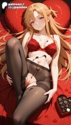 1girls 2026 ai_assisted ai_generated anime artist_name asuna_(sao) bra braid breasts bust chocolate explicit hi_res high_quality high_resolution highres laying_down long_hair looking_at_viewer lying lying_on_back navel on_back patreon patreon_username petals pillow red_bra rose_petals skypassion smile solo stable_diffusion sword_art_online sword_art_online:_alicization torn_clothes torn_legwear underwear valentine's_day valentines_day watermark yuuki_asuna