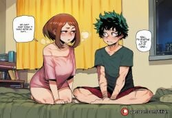 1boy ai_generated bed blush boku_no_hero_academia book breasts brown_eyes brown_hair collarbone comic comic_page couple curtains deku english_text female freckles green_eyes green_hair indoors izuku_midoriya large_breasts looking_at_another messy_hair midoriya_izuku my_hero_academia night ochako_uraraka off_shoulder scar scar_on_arm shirt short_hair shorts sitting speech_bubble straight t-shirt tillian uraraka_ochako window