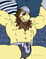 abs absurd_res anso/rez anthro beard bedding bedding_background biceps blue_eyes blue_hair body_hair brown_hair bulge canid canine chest_hair chest_tuft clothing facial_hair fur goatee hands_behind_head hi_res jockstrap lying male male_only mammal messy_hair mostly_nude multicolored_hair muscular muscular_male nintendo on_back pecs perineum pillow pokémon_(species) pokemon pokemon_(species) pokemorph pubes shiny_pokemon sideburns smeargle smiling_at_viewer solo spread_legs spreading tuft two_tone_hair undercut underwear video_games yellow_body yellow_fur