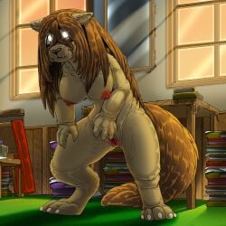 1:1 2026 5_claws 5_fingers 5_toes anthro areola big_breasts biped book breasts brown_tail canid canine canis chimera claws clitoris detailed_background digital_media_(artwork) digitigrade domestic_dog fangs feet female finger_claws fingers front_view fullmetal_alchemist fur furniture genitals glowing glowing_eyes hair inside kitsune_youkai light light_beam long_hair mammal mirror nina_tucker nipples nude nude_anthro nude_female pile_of_books pink_areola pink_clitoris pink_nipples pink_vulva smile snout solo standing sunbeam sunlight table tail tan_body tan_breasts tan_claws tan_ears tan_fur teeth toe_claws toes vulva white_claws white_eyes window wood wood_furniture wood_table