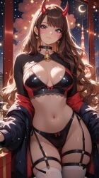 ai_generated blue_eyes brown_hair christmas city city_background cityscape d.va dark_brown_hair demon demon_girl demon_horns lights lingerie long_hair mirresex night night_sky overwatch stockings tagme tokyo tokyo_tower wavy_hair