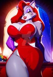 1girls ai_generated anthro ass beautiful big_ass big_breasts breasts busty canid canine canis cleavage clothed clothing cosplay curvy curvy_body curvy_female curvy_figure deviantart dress ear_piercing ears elbow_gloves eyeshadow female five_nights_at_freddy's five_nights_at_freddy's:_security_breach furry gloves grey_body grey_fur hair_over_one_eye hand_on_hip huge_ass huge_breasts jessica_rabbit jessica_rabbit_(cosplay) long_gloves long_hair looking_at_viewer makeup purple_eyeshadow purple_makeup red_dress red_hair red_lips red_lipstick roxanne_wolf_(fnaf) sexy smile smiling smiling_at_viewer thick_thighs thin_waist two-tone_body two-tone_fur vixenhentai white_fur who_framed_roger_rabbit wide_hips wolf wolf_girl yellow_eyes