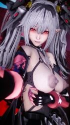 1girls 3d black_hair blush breasts breasts_out female grey_hair highres jetavie_(punishing:_gray_raven) nipples pointy_ears punishing:_gray_raven realistic red_eyes robot_girl steam steaming_body sweaty symbol-shaped_pupils twintails vampire vampire_girl ヨミ