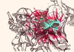 1boy 2girls alternate_headwear blood blood_on_clothes blood_on_face bow chainsaw coat commentary deerstalker detective eyeball gloves gun guro handgun hat hat_bow hat_ornament heart heart_hat_ornament highres holding holding_chainsaw holding_gun holding_weapon komeiji_koishi komeiji_satori korean_commentary long_sleeves multiple_girls open_clothes open_coat open_mouth rampa93 siblings sisters skirt smile sweatdrop thighhighs third_eye touhou weapon