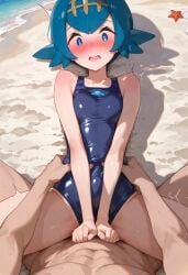 action_lines ai_generated beach blush bmoso lana_(pokemon) looking_down missionary_position one-piece_swimsuit pokemon pokemon_sm small_breasts stomach_bulge surprised swimsuit v_arms vaginal_penetration vaginal_sex waist_grab