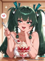 2025 ai_generated anime bangs bare_shoulders braid braided_hair breast_rest breasts cherry cleavage collarbone covered_nipples crossover female female_focus food fruit green_eyes green_hair hair_accessory hair_ornament hand_on_own_cheek heart highres holding holding_spoon hoyoverse huge_breasts ice_cream large_breasts long_hair mihoyo moaning open_mouth parfait patreon qingyi_(zenless_zone_zero) rognezart safe_for_work sfw smile smiling solo sparkle spoken_heart spoon strawberry sundae teeth twin_braids twintails upper_body very_long_hair zenless_zone_zero