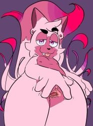 4_fingers andromorph anthro bedroom_eyes big_eyes big_tail canid canine cheek_tuft clitoris cute_fangs digital_media_(artwork) ear_expansion ears_up expansion eyebrows facial_tuft fangs fingers fox fur genitals half-closed_eyes heart_nose heart_symbol hi_res humanoid_genitalia intersex looking_at_viewer looking_down looking_down_at_viewer low-angle_view mammal messy_tail multicolored_body narrowed_eyes nipples nude paragon_(paragonicghoul) paragonicghoul pink_body pink_fur presenting presenting_vulva purple_eyes rear_view seductive simple_background smile smiling_at_viewer smirk solo spread_vulva spreading standing tail teeth thick_eyebrows thick_thighs tongue tongue_out tuft two_tone_body two_tone_tail vulva white_body white_fur