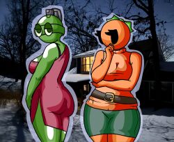 2girls bald bald_female black_eyes breasts checking_on_partner checking_out chetoh clothed clothed_female dress female female_focus female_only green_body grenade gwen_boomhilda leaf leaf_hair looking_at_ass looking_at_partner looking_at_viewer mandy_(chetoh) no_mouth oc orange orange_body original original_character original_characters outside photo_background red_dress side_view