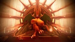 anthro big_breasts big_butt big_thighs bluejuicyjuice_(modeler) breast_rest breasts breasts_bigger_than_torso charizard crossed_legs dragon echolance fire gigantic_breasts highres huge_breasts lactating lactation leaking leaking_milk legs_crossed mature_female milf milk nude nude_anthro nude_female orange_body pokemon pokemon_(species) pokemorph queen reptile scalie temple thick thick_ass thick_legs thick_thighs throne throne_room