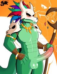 abs anthro big_penis bone genitals green_body hi_res lizard long_penis male male_focus male_only muscular muscular_male nude nude_anthro penis phunter15 reptile scalie skull solo solo_male terraria witch_doctor_(terraria)