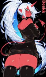 1girls ai_generated artist_name ass_focus athletic athletic_female back_view bare_shoulders big_ass big_breasts big_butt big_thighs black_background blue_hair choker demon demon_girl demon_tail deskk embarrassed glasses green_eyes hands_covering_breasts hands_down hi_res kneesocks_daemon long_hair low-angle_view one_horn oni_female panty_&_stocking_with_garterbelt ponytail red_body red_skin simple_background solo solo_female solo_focus standing stockings sweater tail thick_thighs thighs without_panties