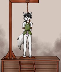 anthro arms_tied balls bondage bottomless bound canid canine clothed clothing erection execution fox gallows genitals hanged hanged_(short_drop) helpless hi_res humanoid_genitalia humanoid_penis imminent_death male mammal ne0nnik0 noose nooseplay outside penis punishment red_fox restraints rope rope_around_neck rope_bondage segah_(dizzyvixen) silver_fox solo trapdoor true_fox