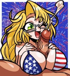 1boy 1girls american_flag_bikini blonde_hair emily_simmons eyewear flag_bikini flag_print glasses green_eyes itakeabite light-skinned_female light_skin outercourse paizuri taimanin_(series) unseen_male_face