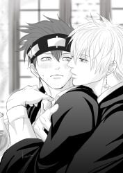 2boys blush closed_mouth collared_shirt commentary_request daut_barret earrings from_side greyscale highres hug hug_from_behind jewelry knata09660180 lance_crown looking_at_another male_focus mashle monochrome multiple_boys planet_earrings robe shirt short_hair signature upper_body yaoi