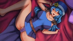 1girls bed big_breasts blue_hair fairy_tail hat juvia_lockser knightfanghentai long_hair looking_at_viewer panties purple_eyes purple_panties solo spread_legs venomoose(copyright)