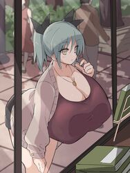 1girls against_glass against_window bent_over big_breasts blue_hair breast_press breasts breasts_on_glass busty cleavage clothed clothing female female_focus fully_clothed futaba_(sabonbold) gigantic_breasts huge_breasts human outdoors outside pale_skin public sabonbold solo_focus yellow_eyes