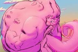 amphibian anthro axolotl belly big_belly big_tail blush body_outline cloud face_imprint hand_imprint hi_res holding_belly huge_belly imprint marine mass_vore mole_salamander multiple_prey nommsalotl oral_vore pink_body salamander size_difference smaller_pred stomach_bulge struggling struggling_prey sunset tail vore