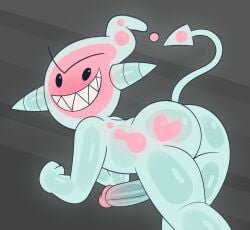 2025 absurd_res alternate_color ass bent_over black_sclera blue_body blush eyebrows gemsum genitals goo_creature hi_res horn humanoid male not_furry penis presenting presenting_hindquarters sharp_teeth simple_background smile solo spade_tail spit_(gemsum) tail teeth toony