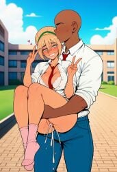 after_sex ai_generated avatar_the_last_airbender bimbo bimbofication blonde_hair carrying_partner dark-skinned_male leaking_cum makeup peace_sign pleasure_face pleasured satisfied school school_uniform schoolgirl sexy sexy_clothing sunny tan toph_bei_fong wet