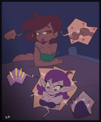 1futa 1girls afrolatina amity_blight bed bent_over blightstar bottomless bra bra_strap_down brown_hair canon_couple condom condom_in_mouth condom_wrapper earrings erection erection_in_panties girlfriends gripping_sheets heart_eyes human inviting inviting_to_fuck luz_noceda part_of_a_set pov purple_hair sex_gesture tagme the_owl_house witch