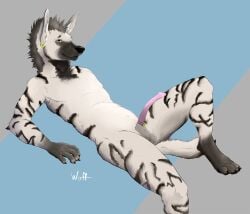 4_toes 5_fingers animal_genitalia animal_penis anthro balls ear_piercing erection feet fingers furgonomics furry-specific_piercing gay gay_male genital_piercing genitals gloves_(marking) hi_res homosexual homosexual_male hyaenid_penis hyena leg_markings lying male male/male male_only male_penetrating mammal markings on_back penis piercing sheath sheath_piercing simple_background socks_(marking) solo striped_hyena toes woff_(artist)