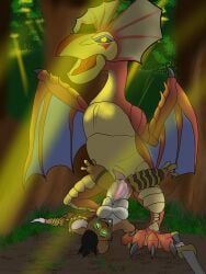 3:4 absurd_res anthro anthro_on_feral armor bird_wyvern black_hair brown_body brown_fur capcom clothed clothing colored_with_background dragon duo female feral fur genitals glowing glowing_eyes green_eyes hair hi_res knot knotted_penis knotting legs_wrapped_around_partner light light_beam male male/female mammal melee_weapon monster monster_hunter murid murine mythological_creature mythological_scalie mythology no_underwear penis pinned pinned_to_ground rat regranaas_(weenpeen) rodent scalie sunbeam sunlight sword teratophilia translucent translucent_body weapon weenpeen wings yian_kut-ku zoophilia
